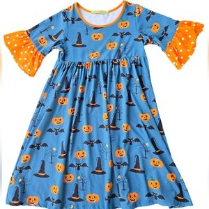 Millie Loves Lily Blue Ruffle Sleeve Pumpkin/Bat Halloween Dress Size 12